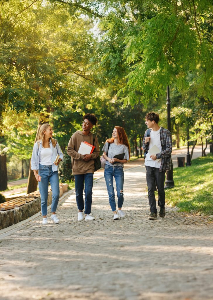 Quatre jeunes discutent mutuelle santé et protection sociale en marchant sur un chemin bordé d'arbres.