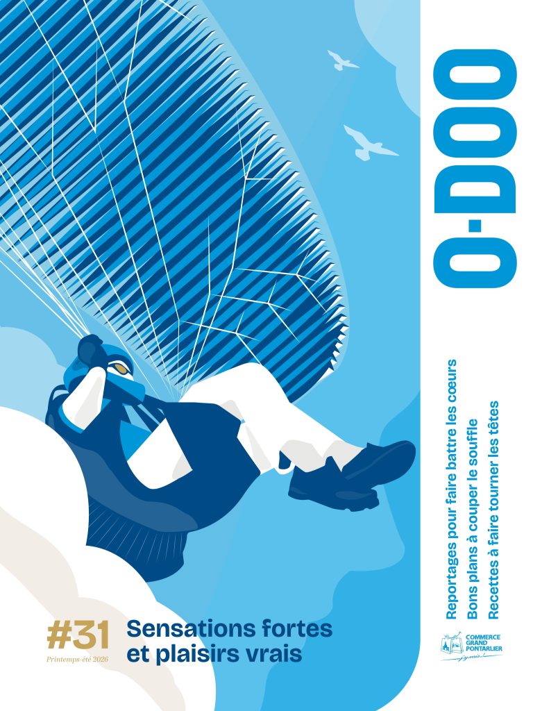 Couverture du magazine O‑Doo montrant une illustration d’une personne en parapente dans un ciel bleu, avec le titre « Sensations fortes et plaisirs vrais » et l’indication du numéro 31, Printemps‑Été 2026.