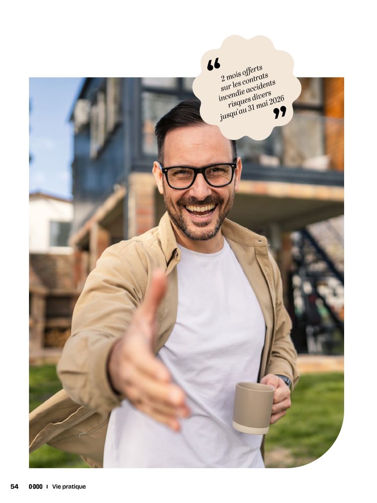 Illustration d’une page du magazine O‑Doo montrant une personne tenant une tasse devant une habitation, accompagnée d’un message sur une offre ACORIS Mutuelles : deux mois offerts sur les contrats incendie, accidents et risques divers.