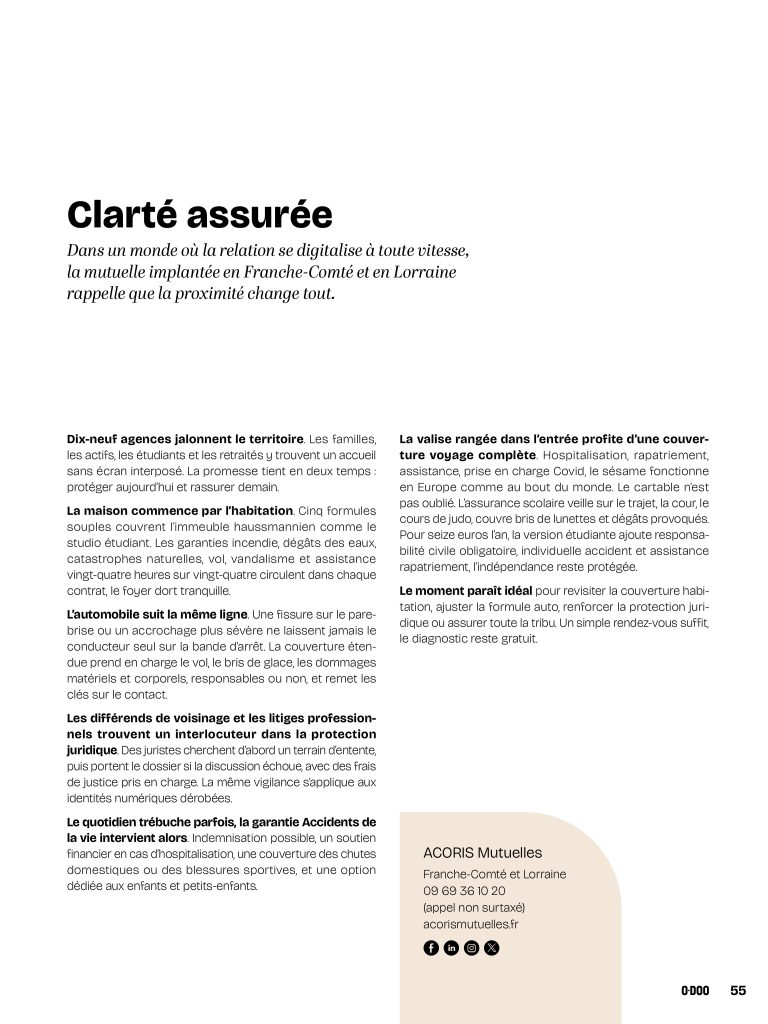 Page du magazine O‑Doo présentant ACORIS Mutuelles, avec un texte expliquant l’importance de la proximité, l’implantation en Franche‑Comté et en Lorraine, et les solutions en assurances, santé et prévoyance.