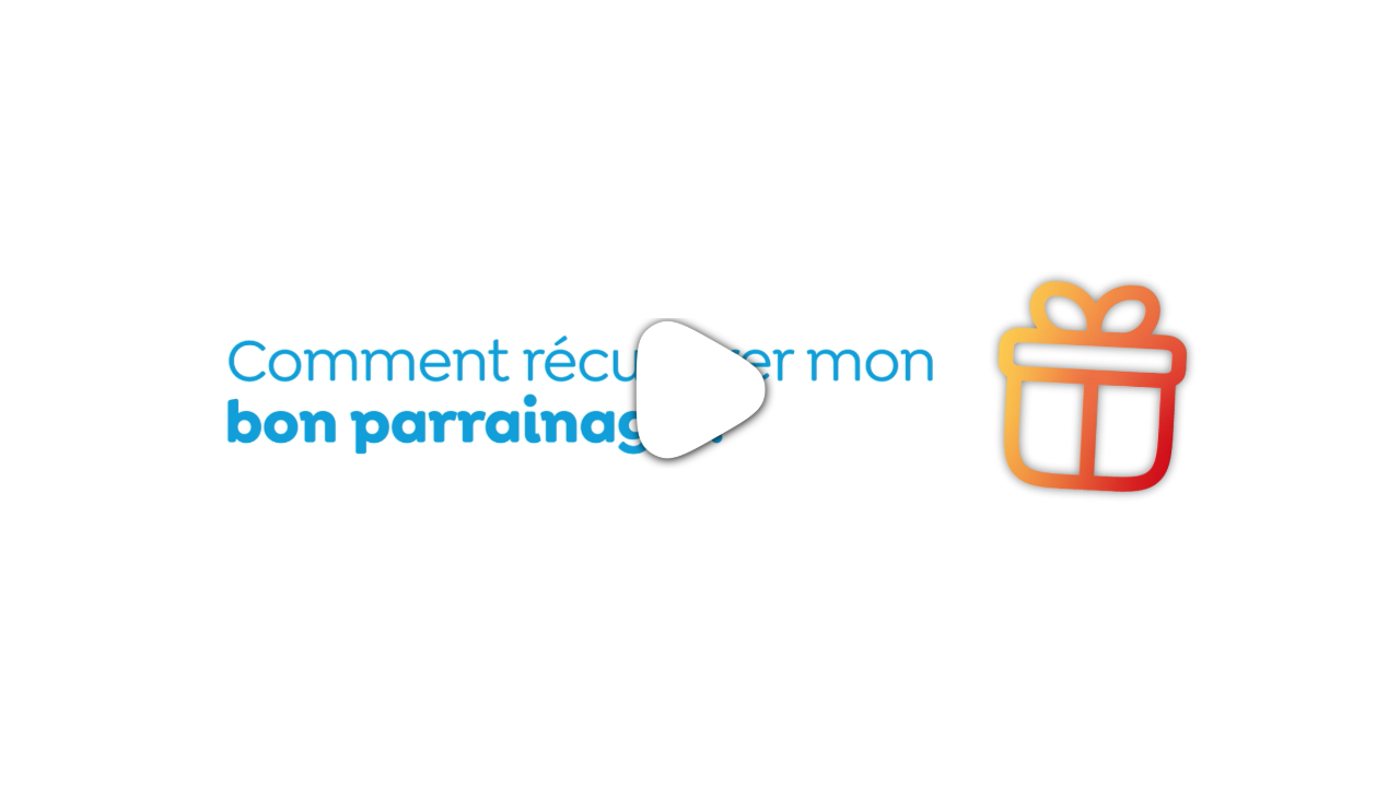 Écran illustré sur fond blanc avec le texte « Comment récupérer mon bon parrainage », une icône de cadeau colorée à droite et un bouton de lecture indiquant une vidéo.