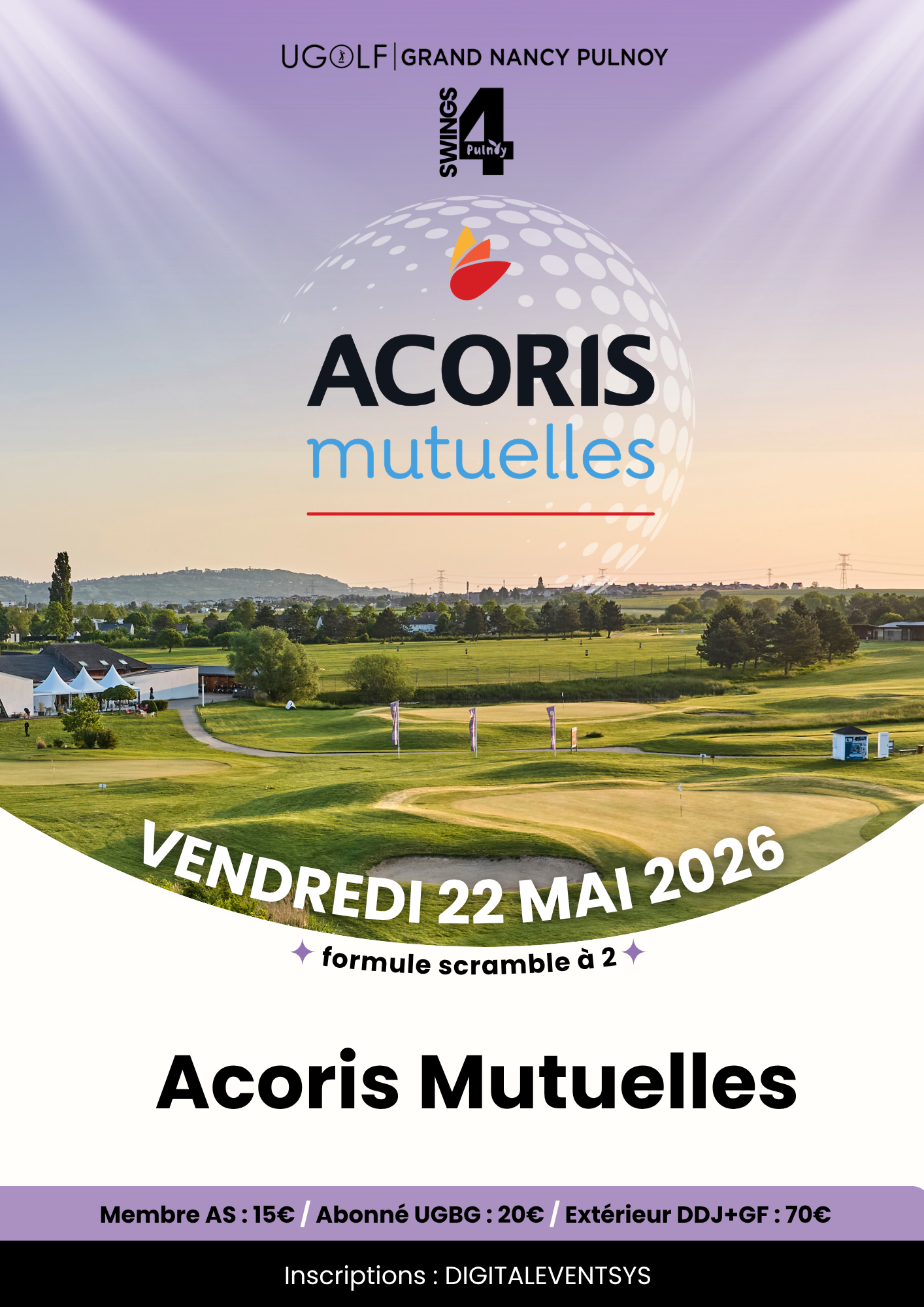 Affiche de la compétition de golf « 4 Swings Pulnoy » au UGOLF Grand Nancy Pulnoy, sponsorisée par Acoris Mutuelles, avec vue panoramique du parcours de golf et indication de la date du vendredi 22 mai 2026.