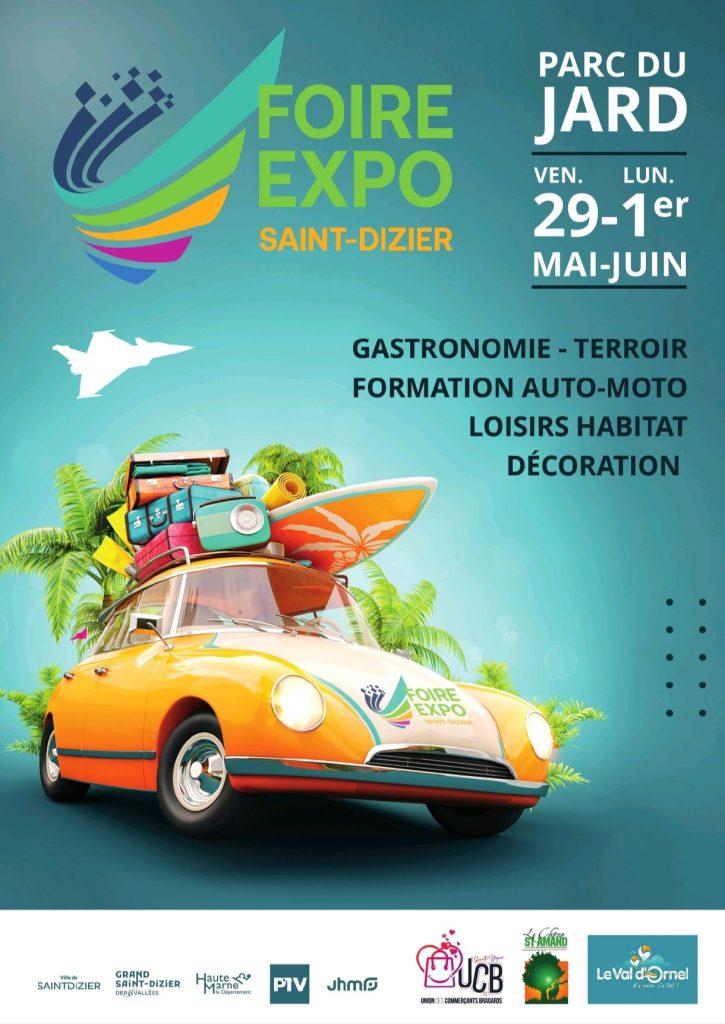 Affiche de la Foire Expo de Saint-Dizier avec les dates du 29 mai au 1er juin au Parc du Jard, illustration d’une voiture chargée de bagages, programme autour de la gastronomie, du terroir, de l’habitat et des loisirs.