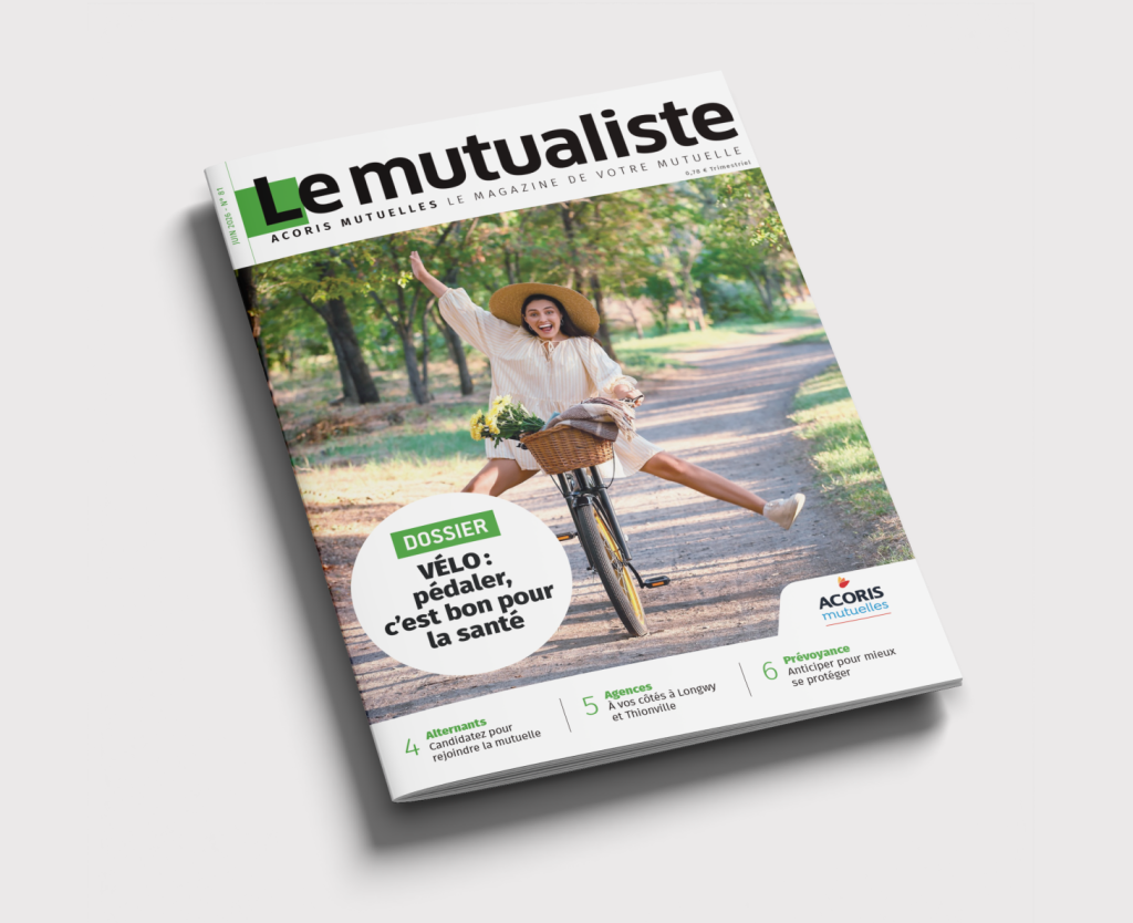 Couverture du magazine « Le mutualiste » d’Acoris Mutuelles montrant une personne à vélo sur un chemin en pleine nature, avec le titre « Vélo : pédaler, c’est bon pour la santé »