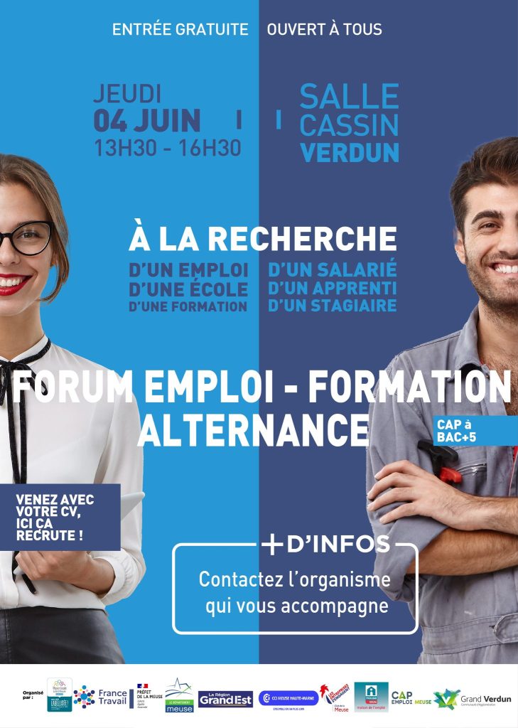 Affiche d’un forum emploi‑formation en alternance avec date, lieu (Verdun) et informations pratiques, illustrée par deux personnes.