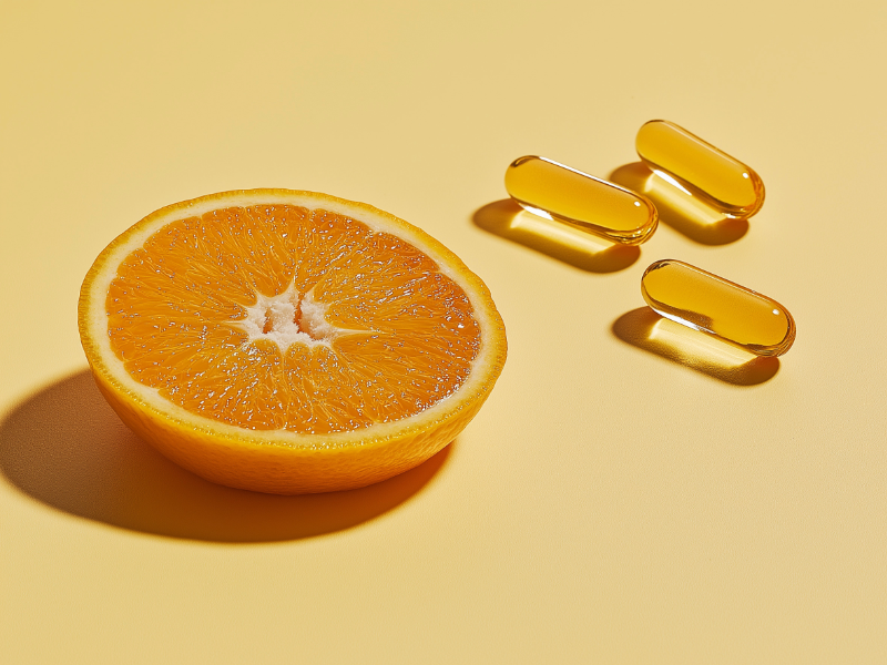 Orange coupée en deux, posée sur un fond jaune uniforme, accompagnée de trois gélules translucides dorées évoquant des compléments alimentaires à base de vitamine C.