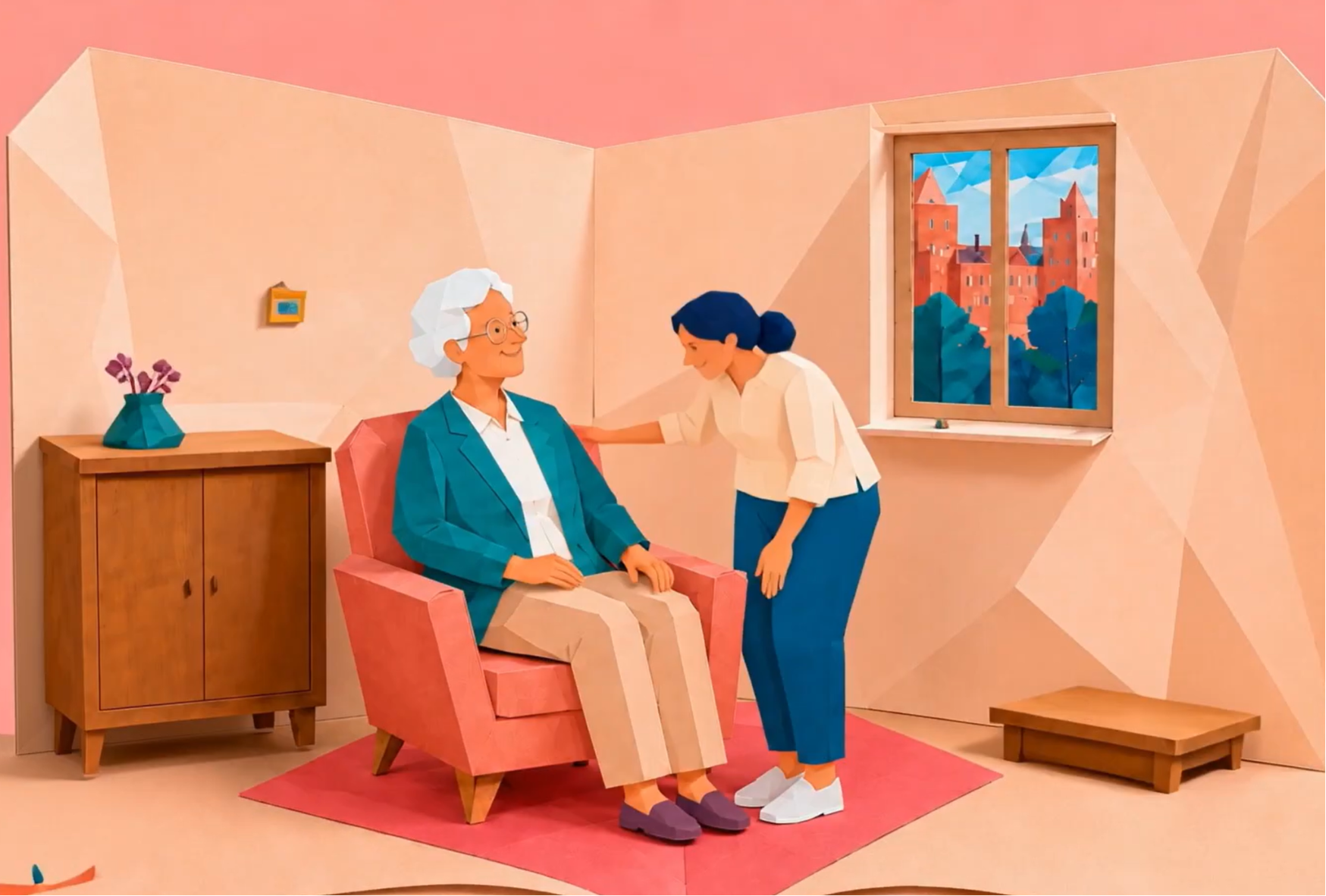 Illustration stylisée représentant une personne âgée assise dans un fauteuil rose à domicile, accompagnée par une autre personne à ses côtés. La scène se déroule dans un intérieur aux tons pastel, avec une fenêtre donnant sur des bâtiments en arrière-plan, un meuble en bois et un tapis rose.